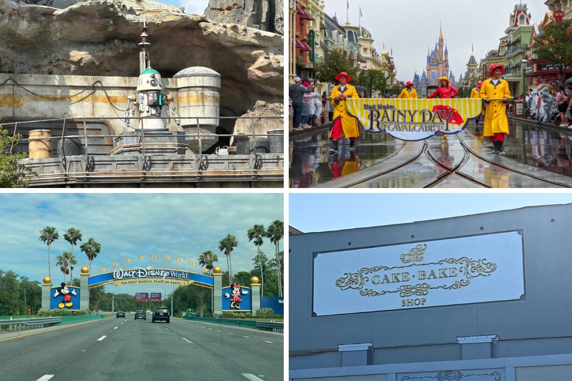 A collage with four scenes from Disney World offers a daily recap, featuring a sci-fi outpost, a parade with a "Rainy Day Cavalcade" banner, the park entrance arch, and a cake shop sign.