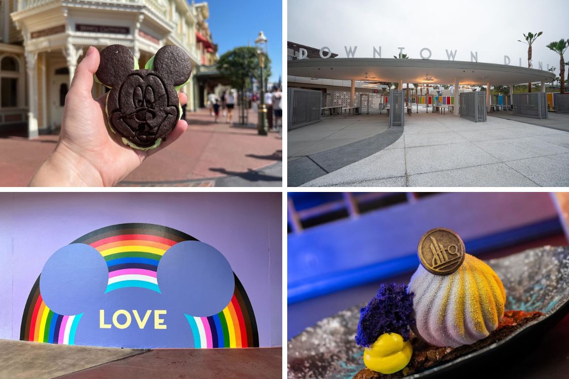 Collage of four images: a Mickey Mouse-shaped ice cream sandwich, the entrance of Downtown Disney, a "LOVE" mural with Mickey Mouse ears and rainbow, and a detailed dessert with a gold coin. Today's daily recap highlights these magical moments that bring Disney magic to life!