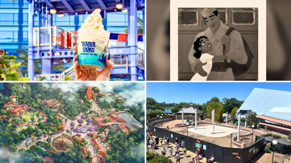 A daily recap collage featuring a tropical Trader Sam's DOLE WHIP, a sepia image of Tiana and her father, concept art of the Tropical Americas land, and a construction site.