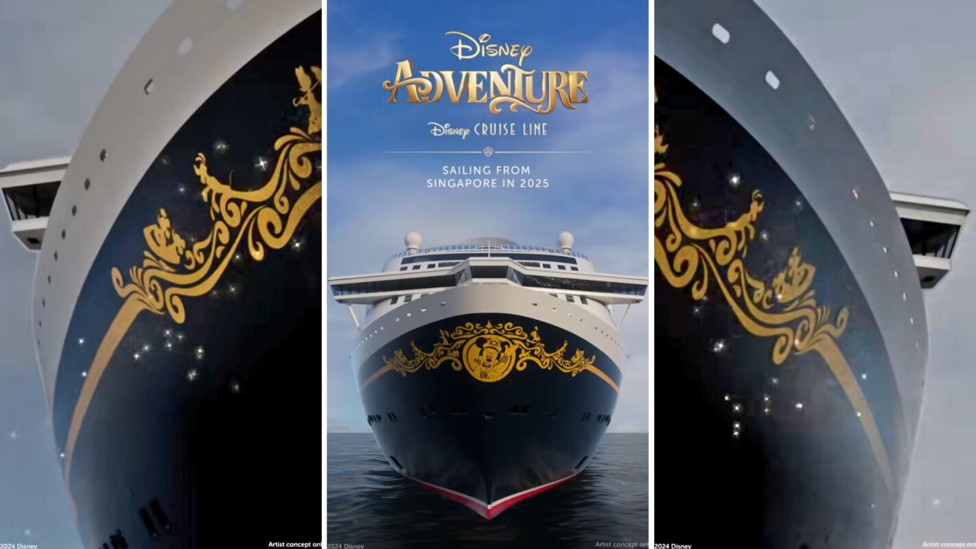 A Disney Cruise Line ship with Captain Mickey Bow Art and gold decorative designs. The text "Disney Adventure, Sailing from Singapore in 2025" proudly sits above the ship.