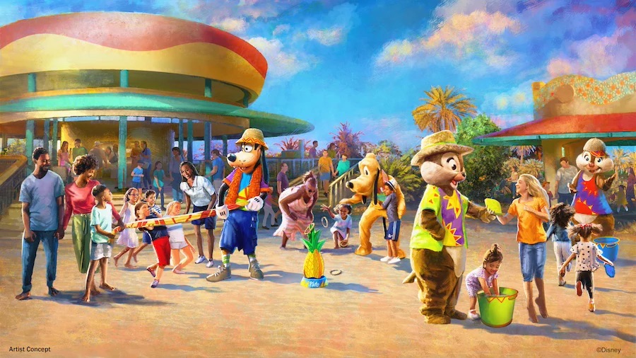 Colorful artist's concept of a lively theme park scene with children and adults enjoying various activities at Lookout Cay, featuring Disney characters interacting with guests.