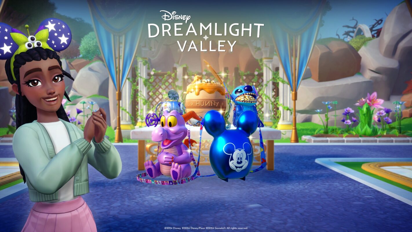 An animated avatar with mouse ears stands in front of a colorful scene with Disney Parks popcorn buckets: a metallic Mickey, Figment, Stitch, a "hunny" pot, and Cinderella's Coach. All set against a backdrop of plants and decorations.
