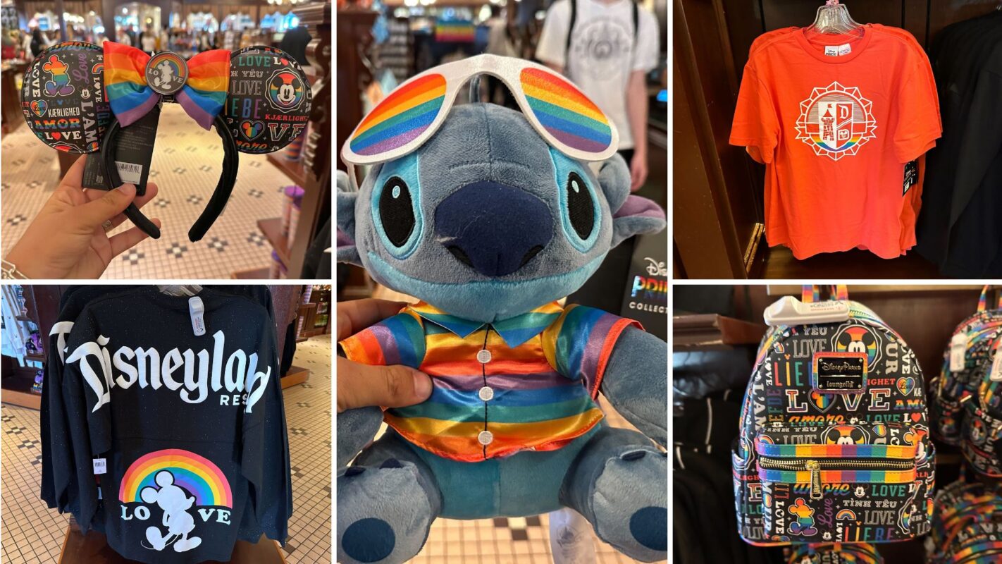 A vibrant merchandise display showcases Disney-themed items, including headbands, sunglasses, a plush toy, a red t-shirt, a black long-sleeve shirt, and a black backpack—all celebrating Pride with rainbow designs. Perfect for your next Disneyland Resort adventure!