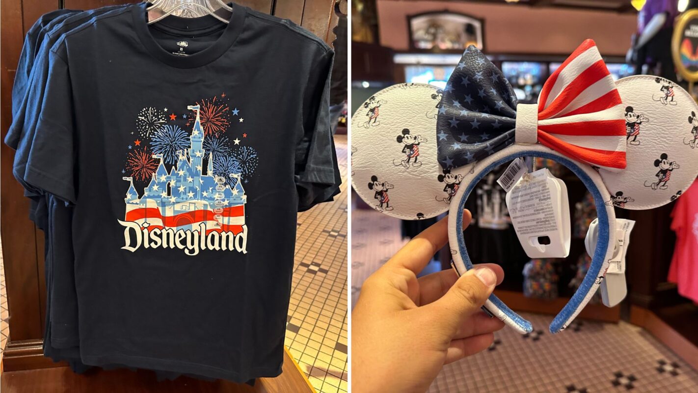 A Disneyland t-shirt featuring a castle and fireworks and a pair of Mickey Mouse ears themed with an American flag pattern displayed in a store.