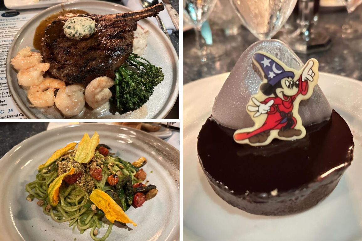 Three tantalizing dishes are displayed: on the left, a fantasmic steak with shrimp and vegetables; on the bottom left, pasta with vegetables; and on the right, a chocolate dessert adorned with a sorcerer-themed cartoon character.