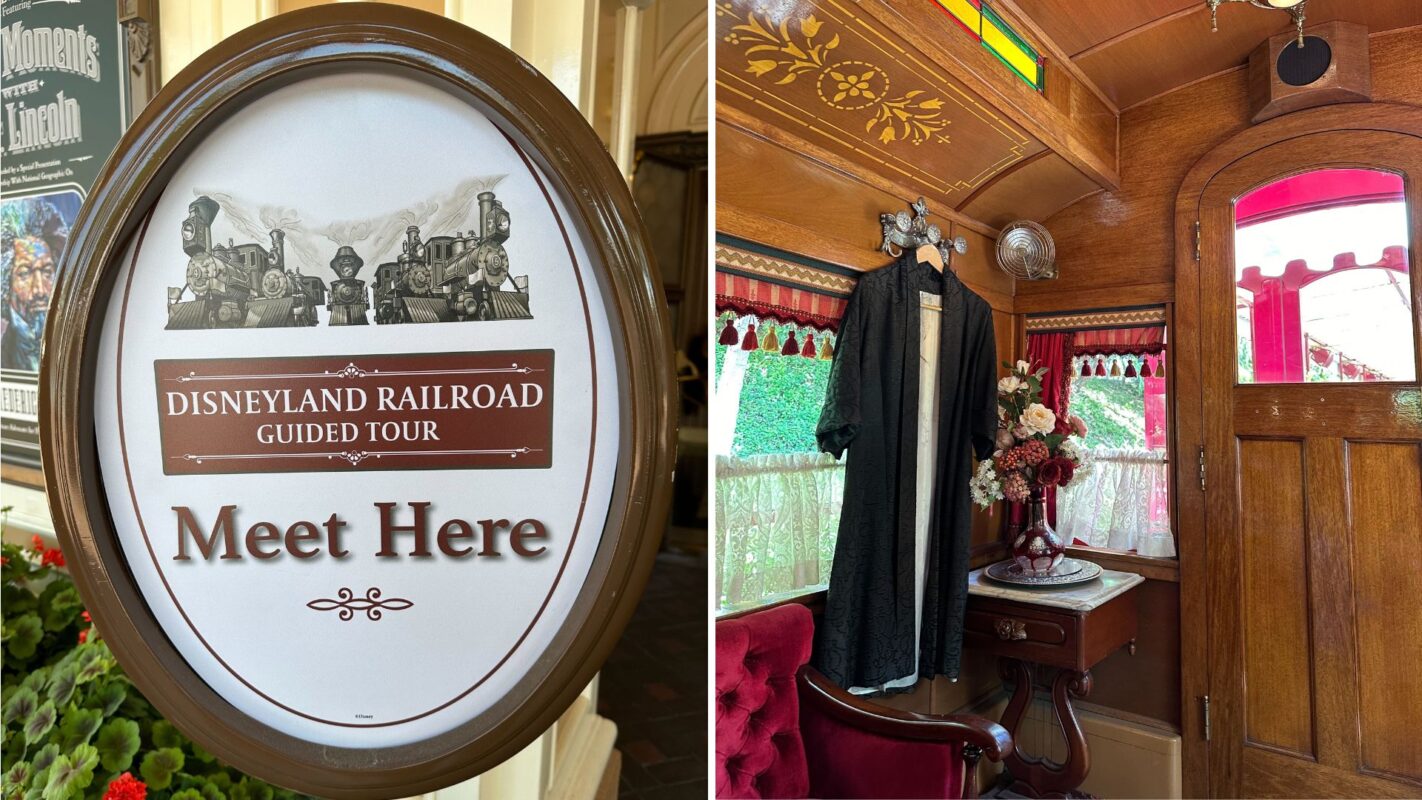 Left: Sign reading "Disneyland Railroad Guided Tour, Meet Here" is displayed. Right: Interior of the vintage Lilly Belle train car with wooden details, red upholstery, curtains, flowers, and a black rope on display.