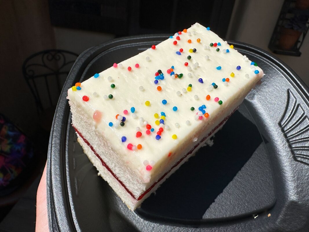 A rectangular piece of white frosted cake with colorful sprinkles on top, placed in a black plastic tray, held up outdoors in sunlight.