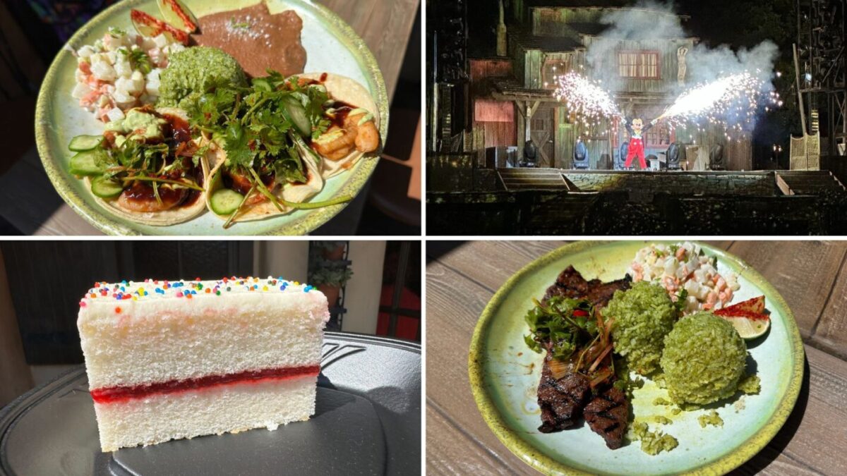 A collage of four images: two plates of food featuring meat and rice, a slice of layered cake, and a stage performance with fireworks and performers in red costumes.