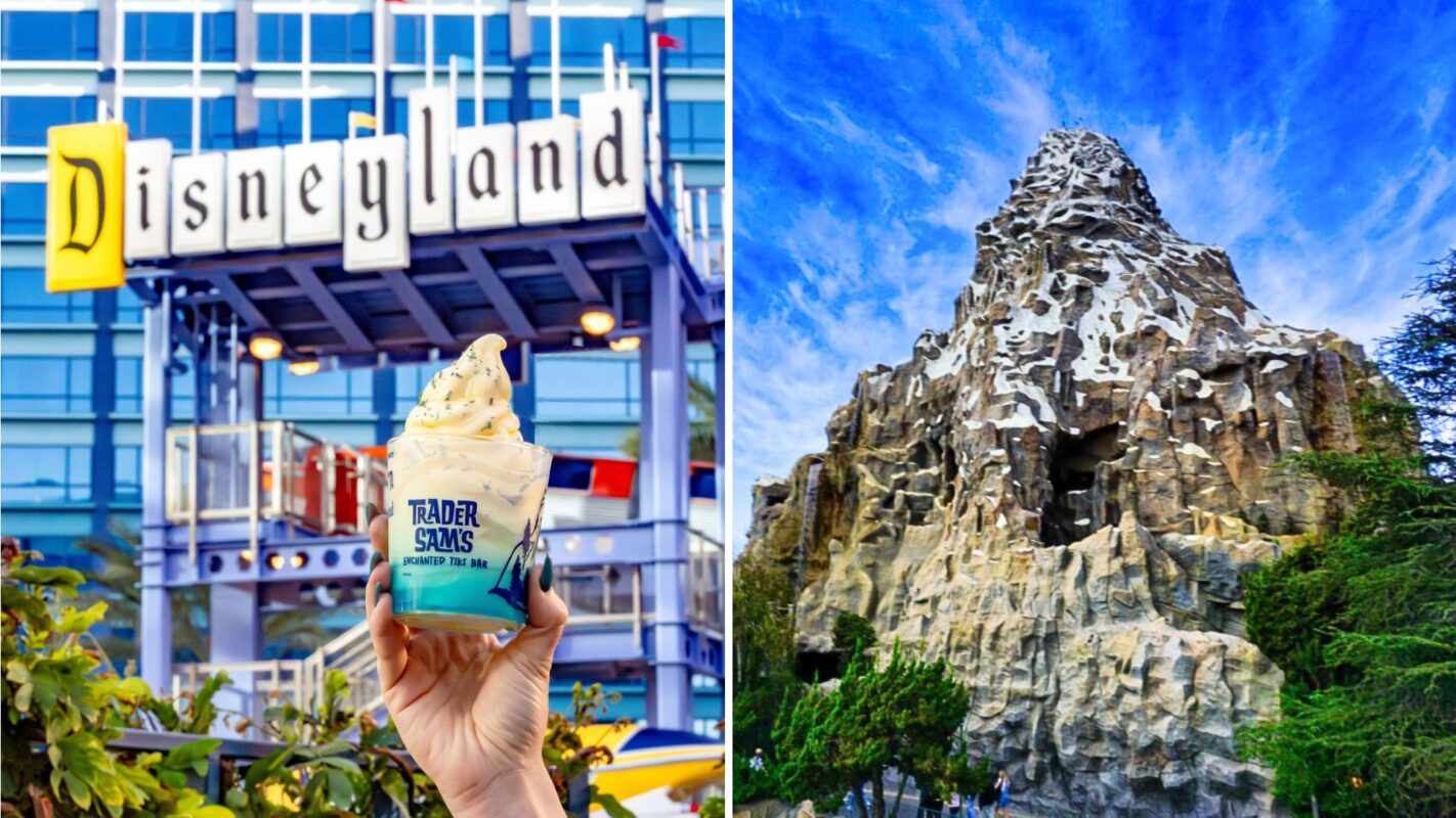 Left: Hand holding a dessert cup in front of a Disneyland sign. Right: Mountain with a roller coaster track running through it at Disneyland.
