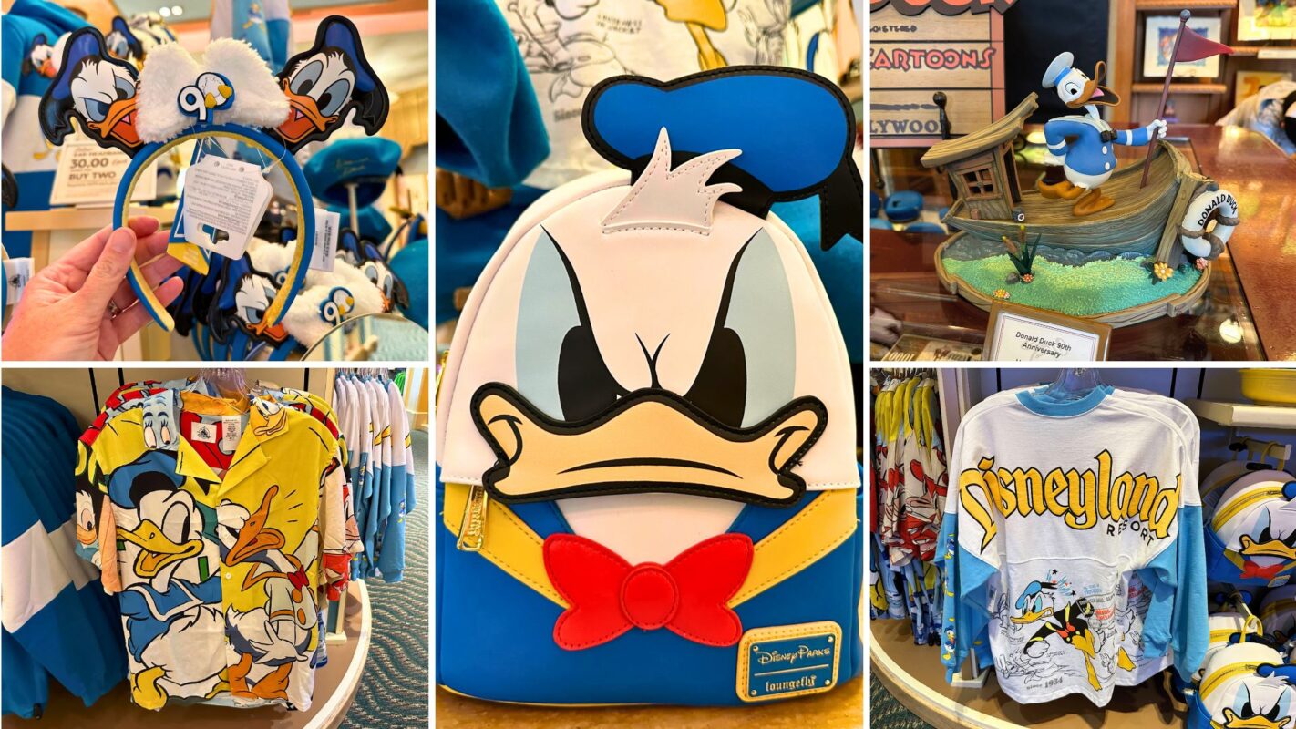 Collage of Donald Duck-themed merchandise including a headband, shirts, a backpack, and figurines, displayed in a store.