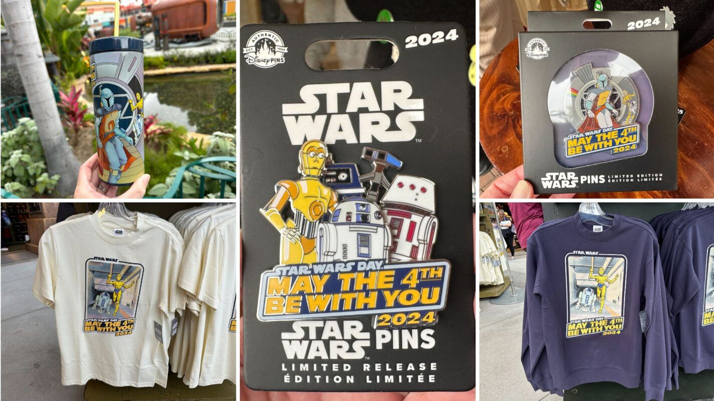 Collage of Star Wars-themed merchandise: phone cases, limited edition pins, and t-shirts featuring characters, celebrating May the 4th, 2024.
