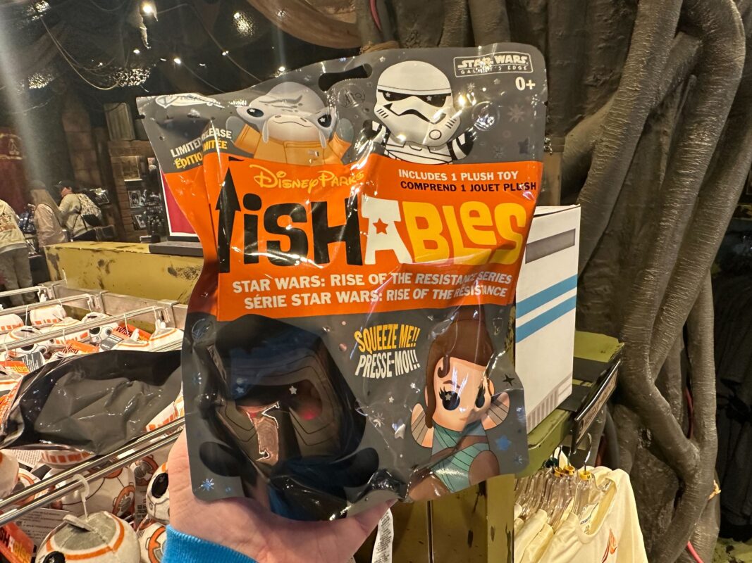 A hand holding a Disney Parks "Wishables" blind bag toy featuring the Rise of the Resistance series, displayed in a store.