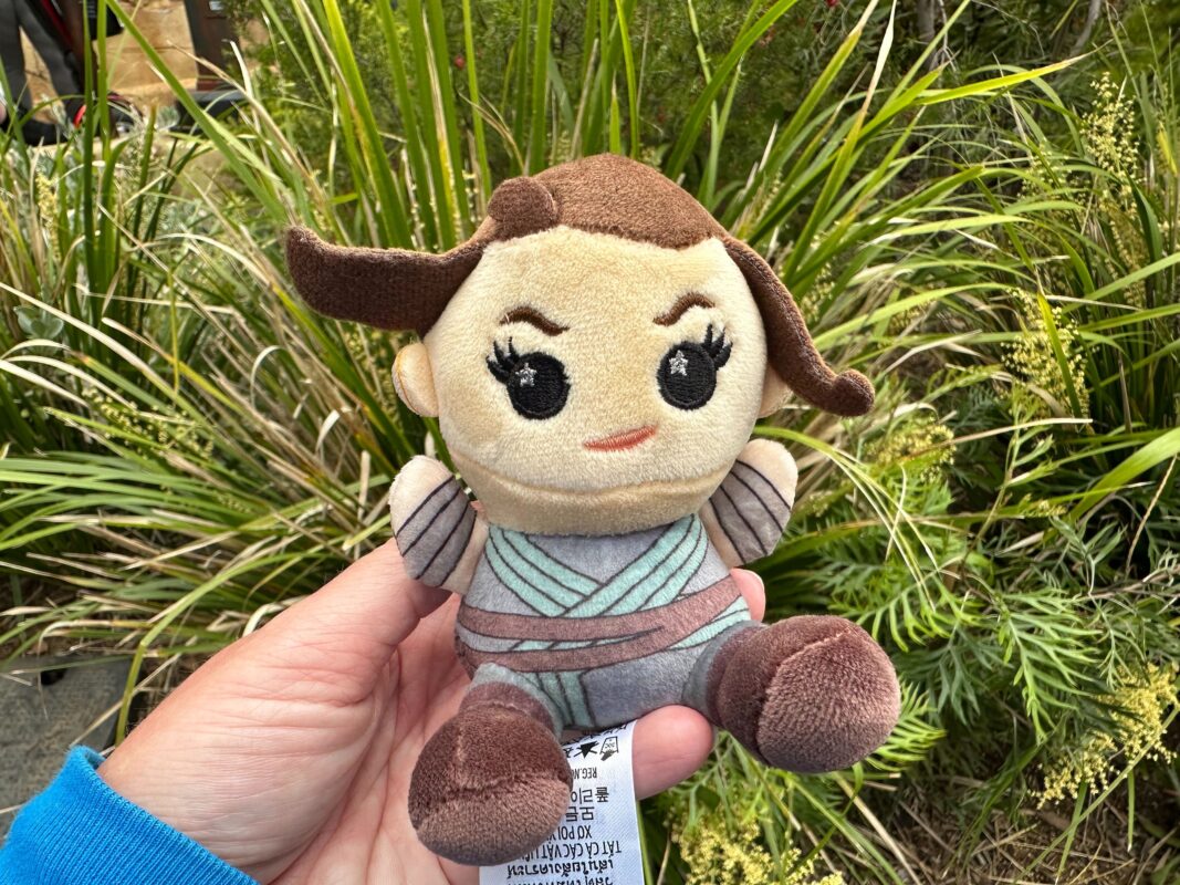 A wishables plush toy resembling a cartoon character with brown hair and grey outfit, held in a hand against a greenery background.