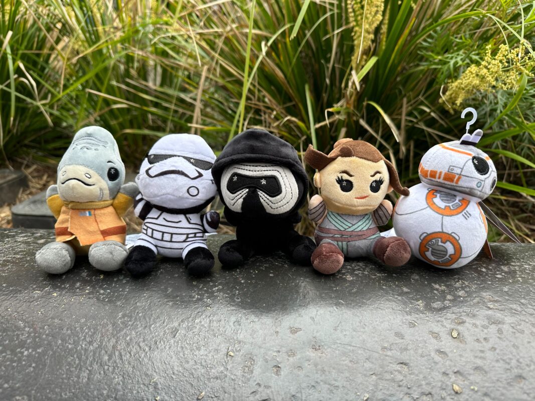 Five Wishables plush toys representing Star Wars characters lined up on a concrete surface, with green plants in the background.