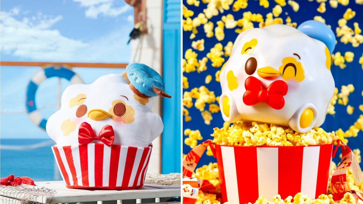A plush toy resembling a white bird, decorated with a red bow and hat, is featured. One image shows the toy in a striped container by the beach, while the other shows it surrounded by popcorn.