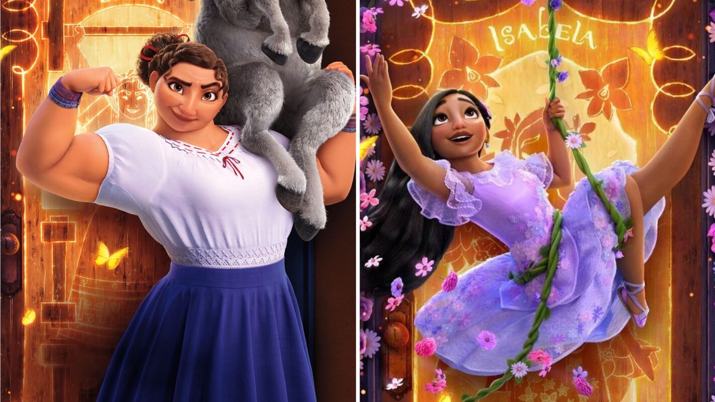 Two animated characters from "Encanto": on the left, Luisa, a strong woman flexing muscles and holding a donkey; on the right, Isabela joyfully swinging on a flower-covered rope in front of her door labeled with her name.