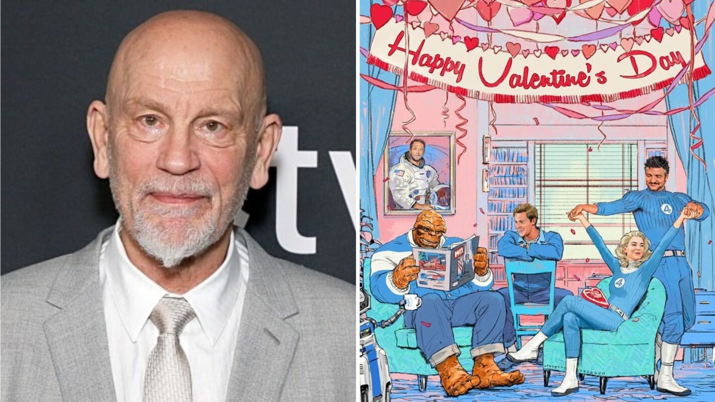 Left: an elderly man with a bald head and beard, wearing a gray suit, at a red carpet event. right: a colorful cartoon of various characters celebrating valentine's day in a decorated room.