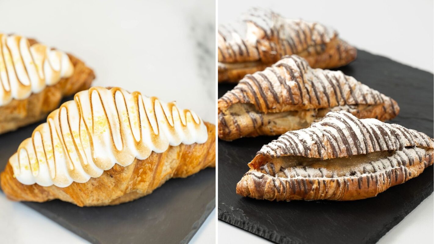 Two images of stuffed croissants: one drizzled with white icing on a white background, the other dusted with powdered sugar on a black slate surface.