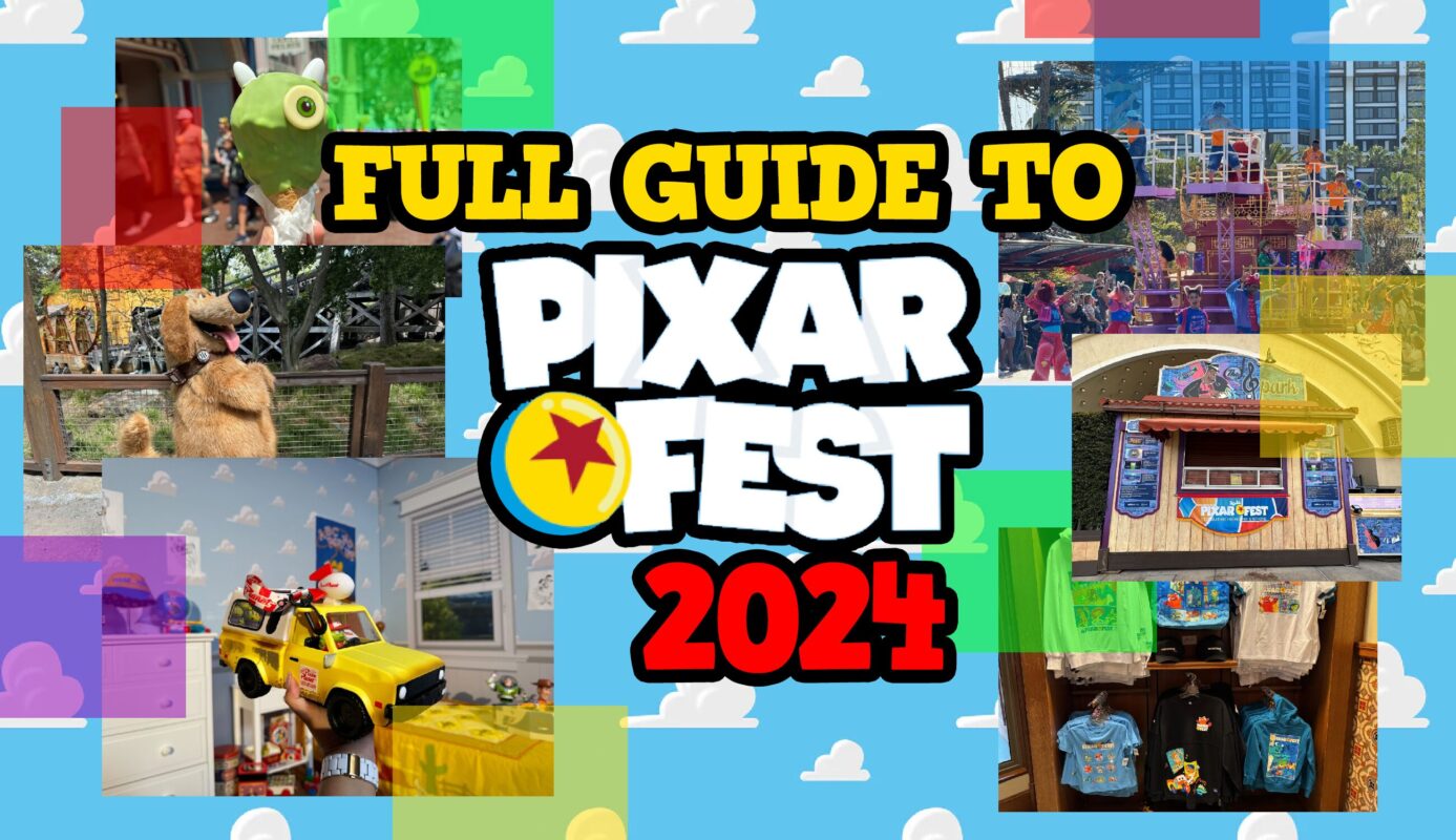A colorful collage promoting the "Full Guide to Pixar Fest 2024," showcasing various Pixar-themed attractions, merchandise, and characters against a vibrant Pixar Fest background.