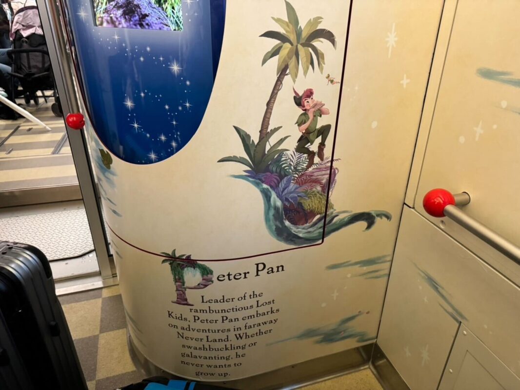 Decorative panel on a subway car featuring an illustration from "peter pan" with text describing the character.