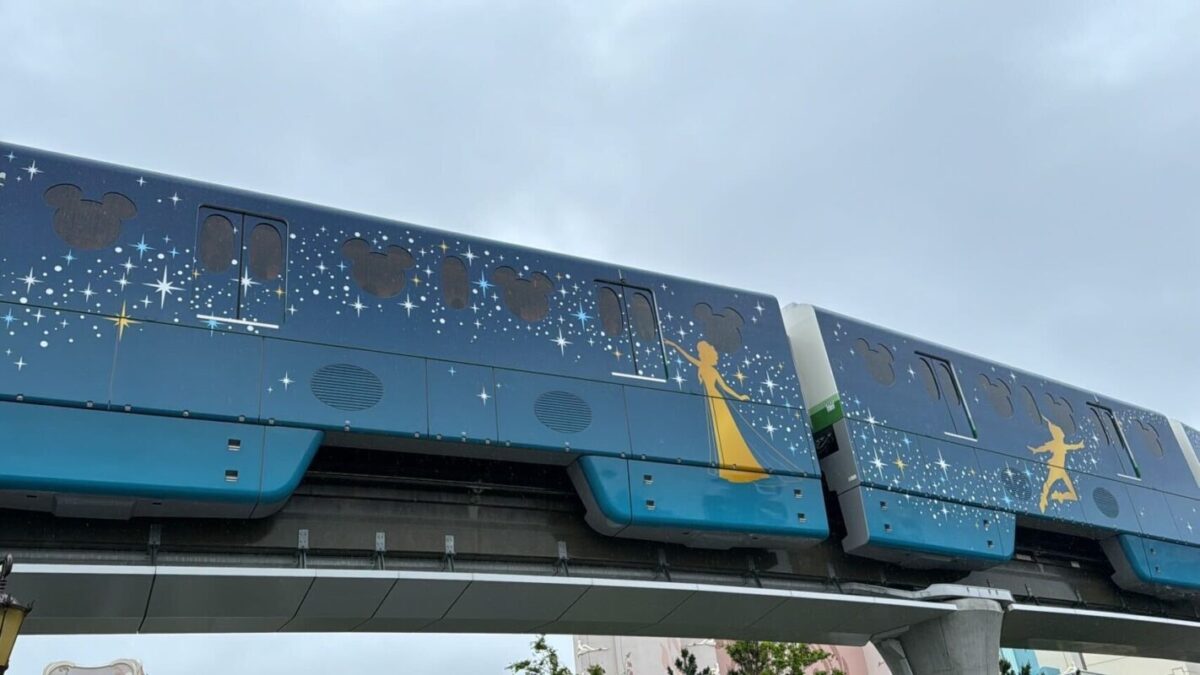 Decorative train with disney characters on a cloudy sky background.