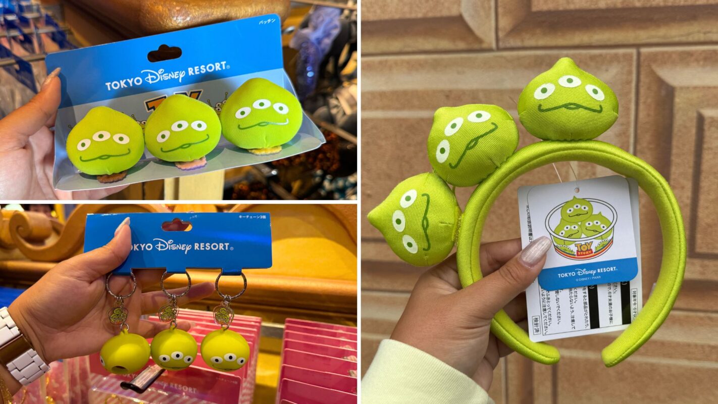 Three images show Toy Story-themed merchandise from Tokyo Disney Resort: a pack of three alien hair clips, alien keychains, and a green headband with three alien faces.