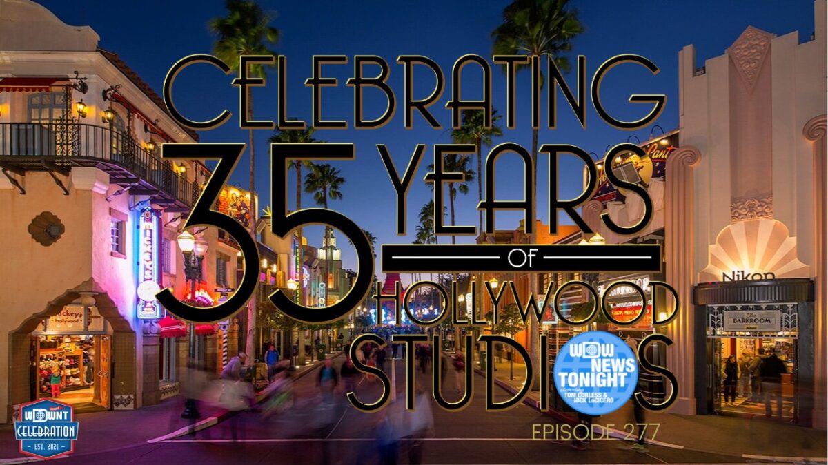 A vibrant night scene of a themed street at Hollywood Studios with a "WDW News Tonight celebrates 35 years of Hollywood Studios" graphic overlay.