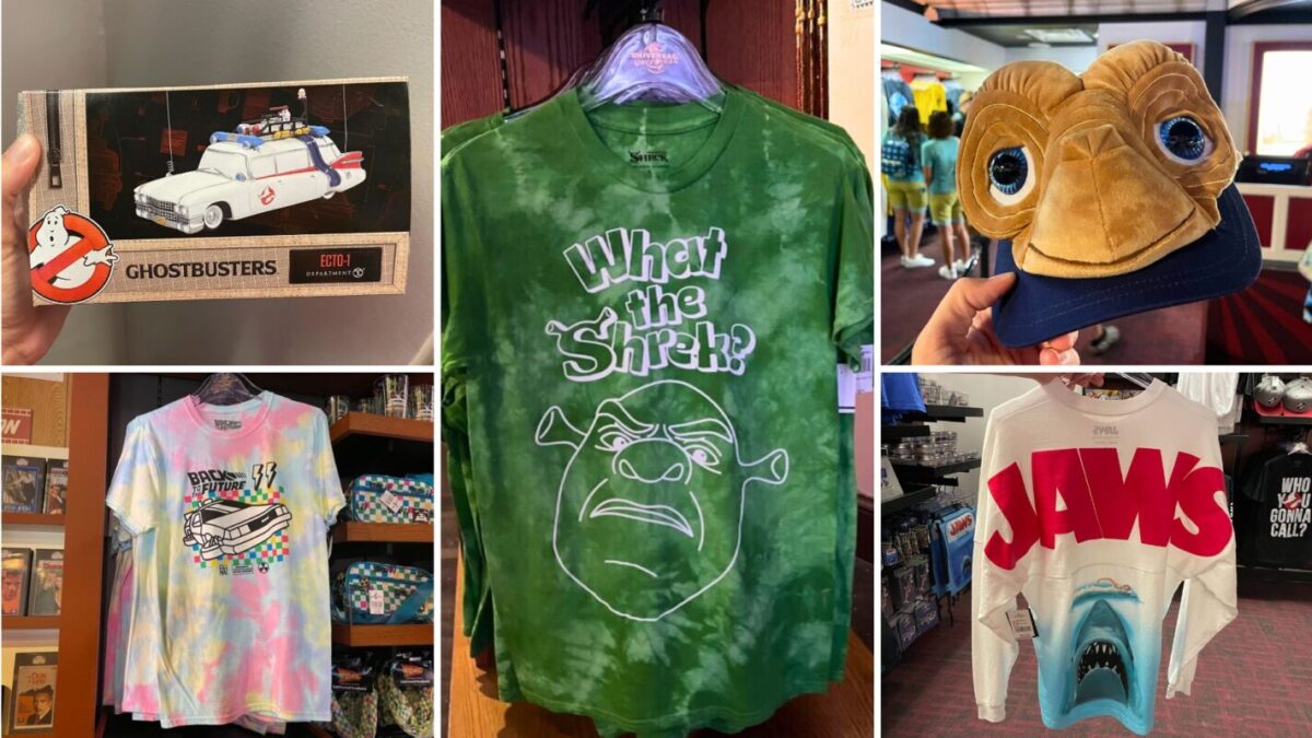 Collage of five photos taken in the Universal Summer Tribute Store showcasing a "Ghostbusters" Ecto-1 statue, tie-dye "Back to the Future" shirt, "What the Shrek?" shirt, E.T. hat, and "Jaws" Spirit Jersey