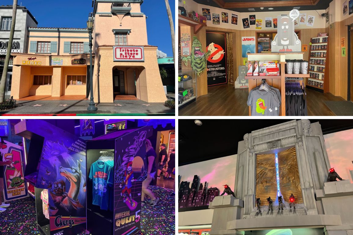A collage of four images: an exterior of a building with "Vidiots Foundation" signage, an interior of a merchandise store, an arcade with pinball machines, and a display of Ghostbusters-themed memorabilia.