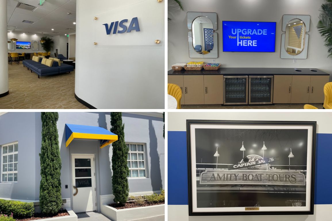 Collage of four images from Visa Lounge: visa office entrance, self-service kiosk, exterior of a visa building, and a framed poster of "amity boat tours.