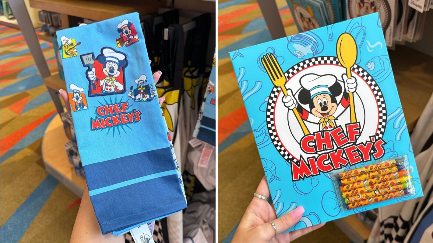 Photo of two items: a blue kitchen towel and a blue notebook, both featuring Chef Mickey. The towel has small themed graphics, and the notebook has "Chef Mickey's" text and a pencil attached.