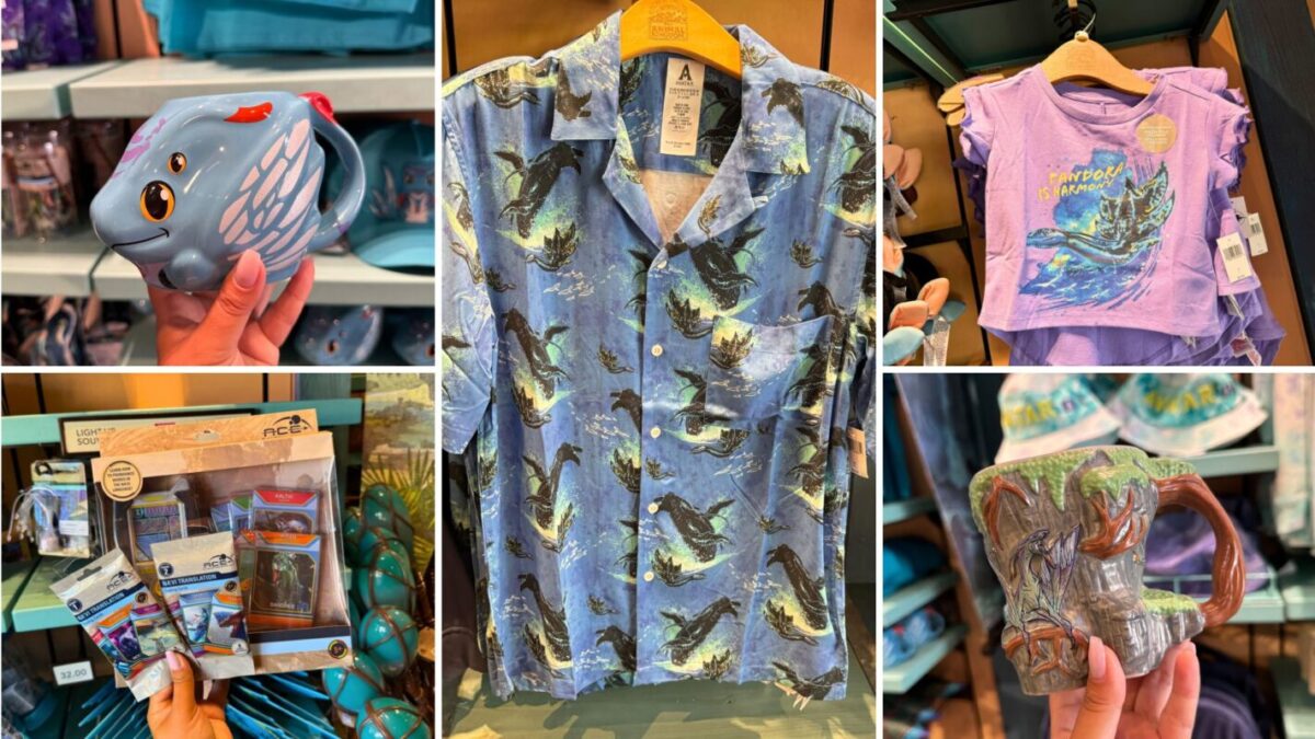 Collage of shark-themed merchandise including a helmet, t-shirt, button-up shirt, toys, and a cup from New Pandora.