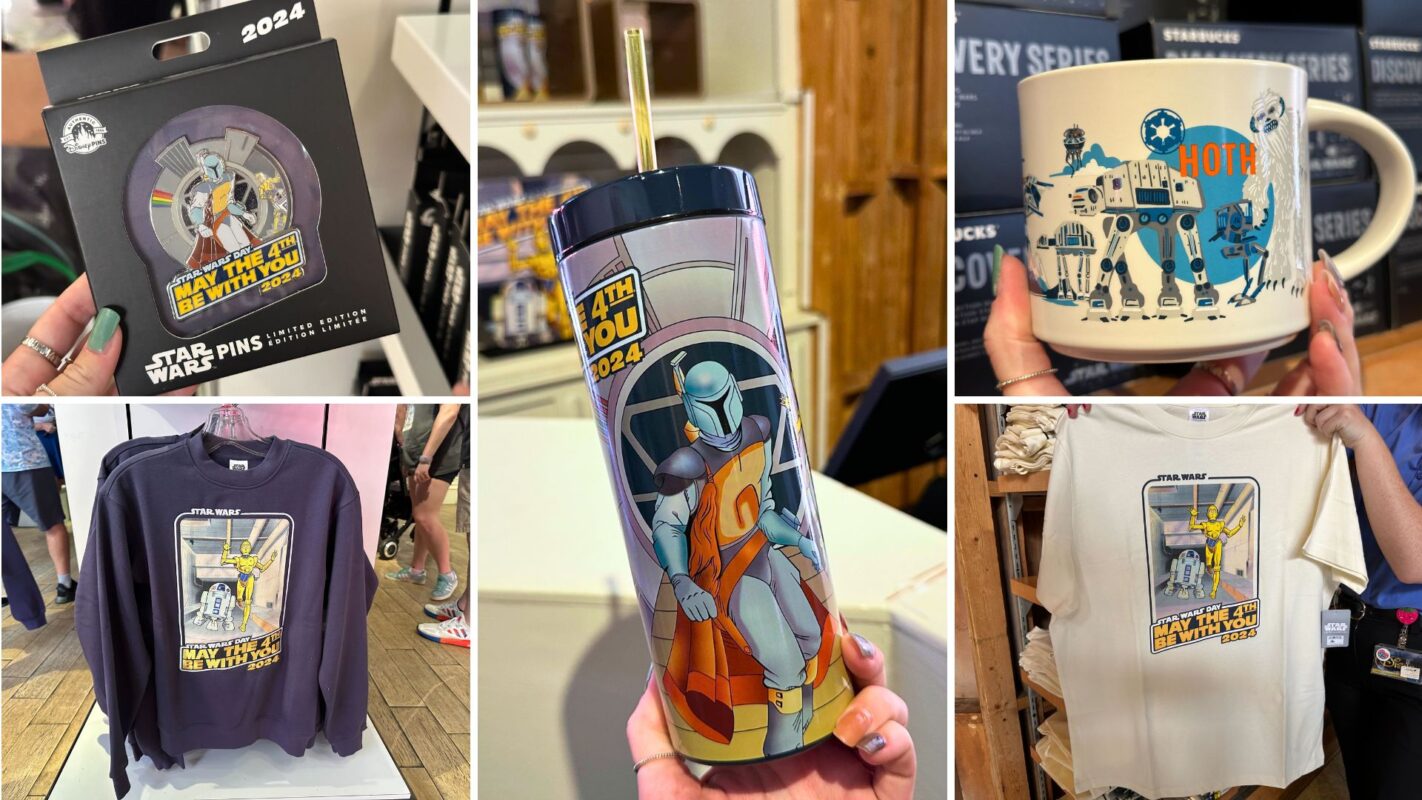 Collage of six images displaying various Star Wars merchandise for May the 4th, including pins, a tumbler, mugs, and t-shirts with character designs.