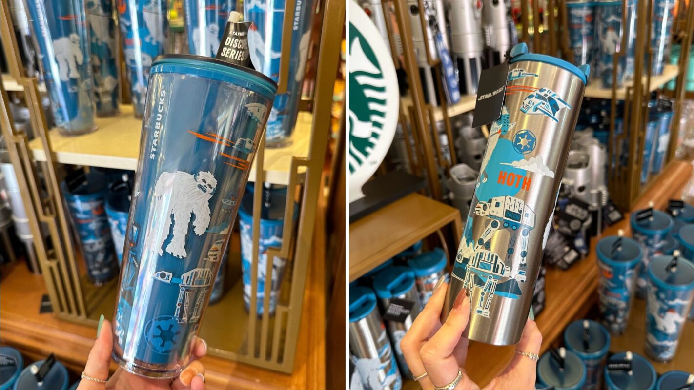 Two images of a person holding a blue travel tumbler with space-themed designs, displayed in a store with other tumblers in the background.