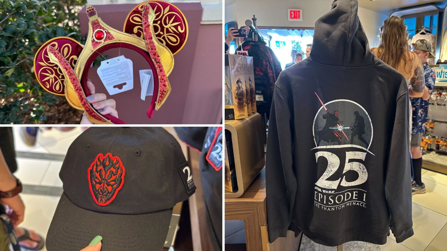 Collage of star wars merchandise including a themed minnie mouse ears headband, a black cap with a red emblem, and a hoodie celebrating the 25th anniversary of episode i.