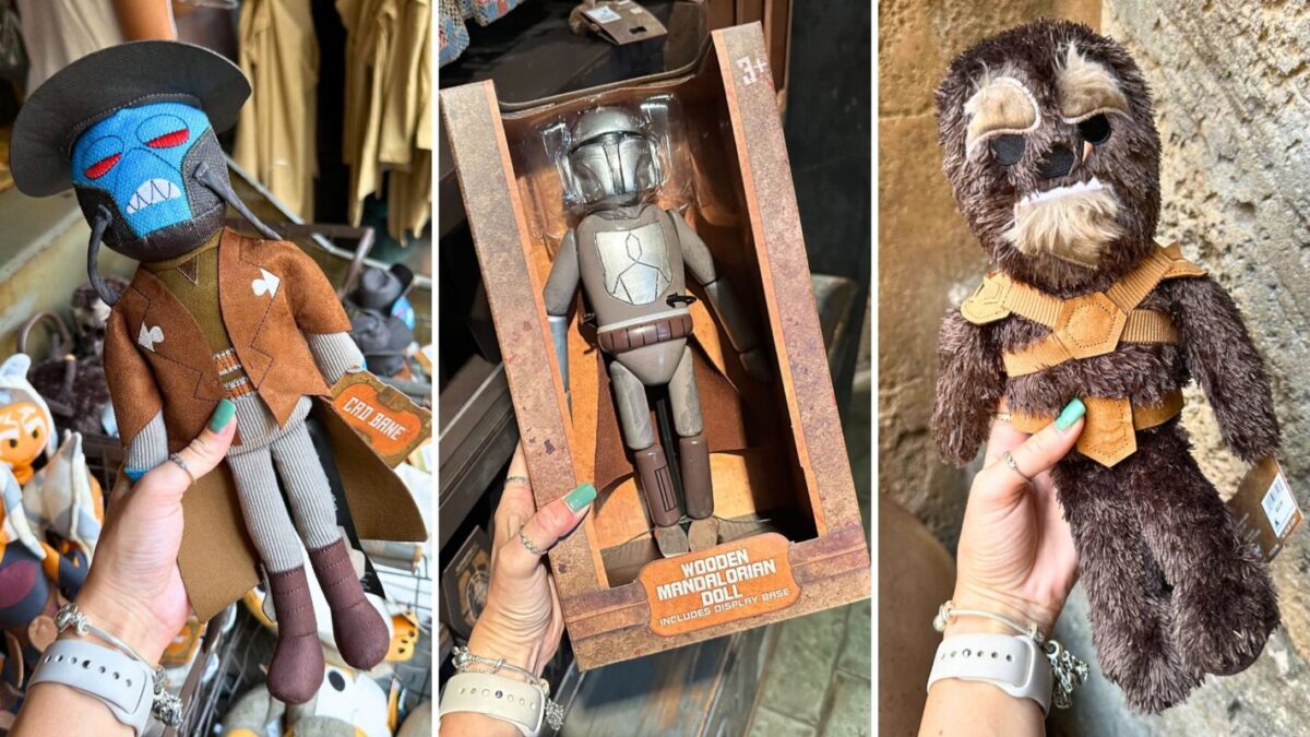 Three images displaying unique plush toys: Cad Bane plush, wooden Mandalorian doll, Krrsantan plush, each held by a person showcasing them.