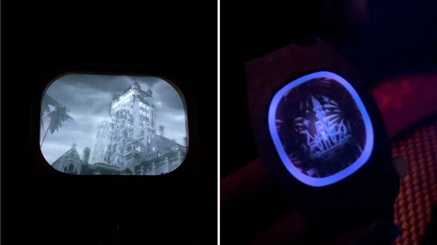 Split image with the left showing a black-and-white screen with the Tower of Terror, and the right showing a glowing MagicBand+ with a castle logo.