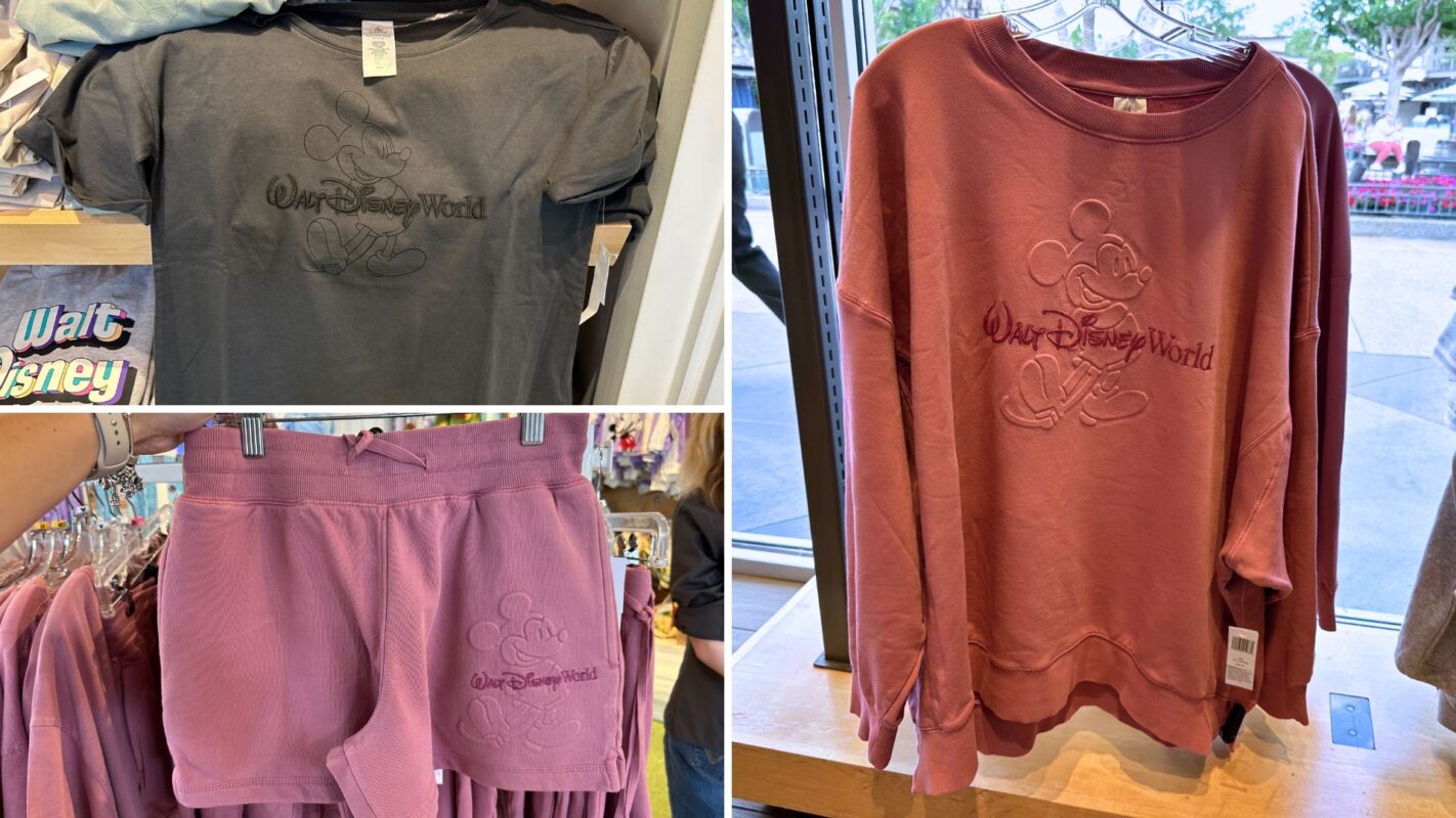 Collage of Walt Disney World loungewear: a black t-shirt, pink shorts, and a pink long-sleeve shirt, all with "walt disney world" and Mickey on them.