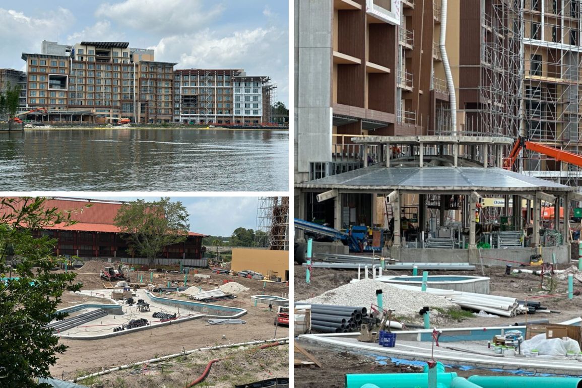 Collage of three images showing different stages of the Island Tower at Disney's Polynesian near a waterfront. The images include a partially built building, scaffolding, and various construction materials and equipment.