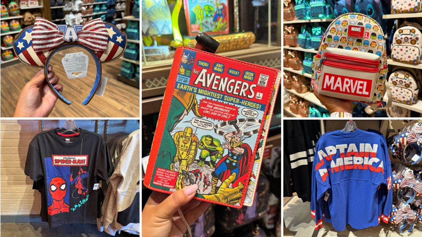 A collage featuring six marvel-themed items: a patriotic minnie mouse headband, a retro avengers comic book, a marvel logo backpack, and three superhero t-shirts (spider-man, captain america).