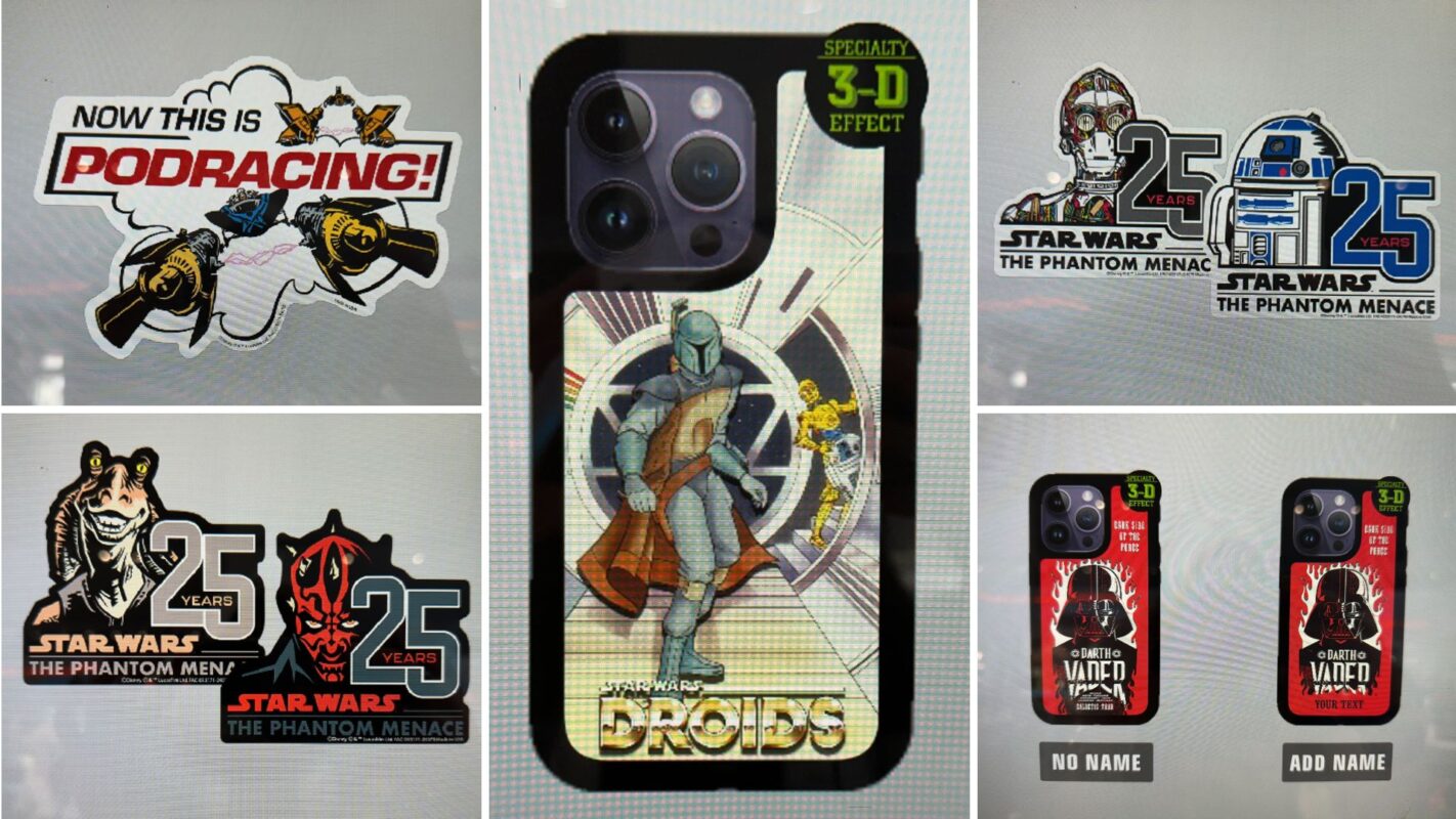 Collage of star wars-themed smartphone cases and promotional stickers celebrating the 25th anniversary of "the phantom menace.