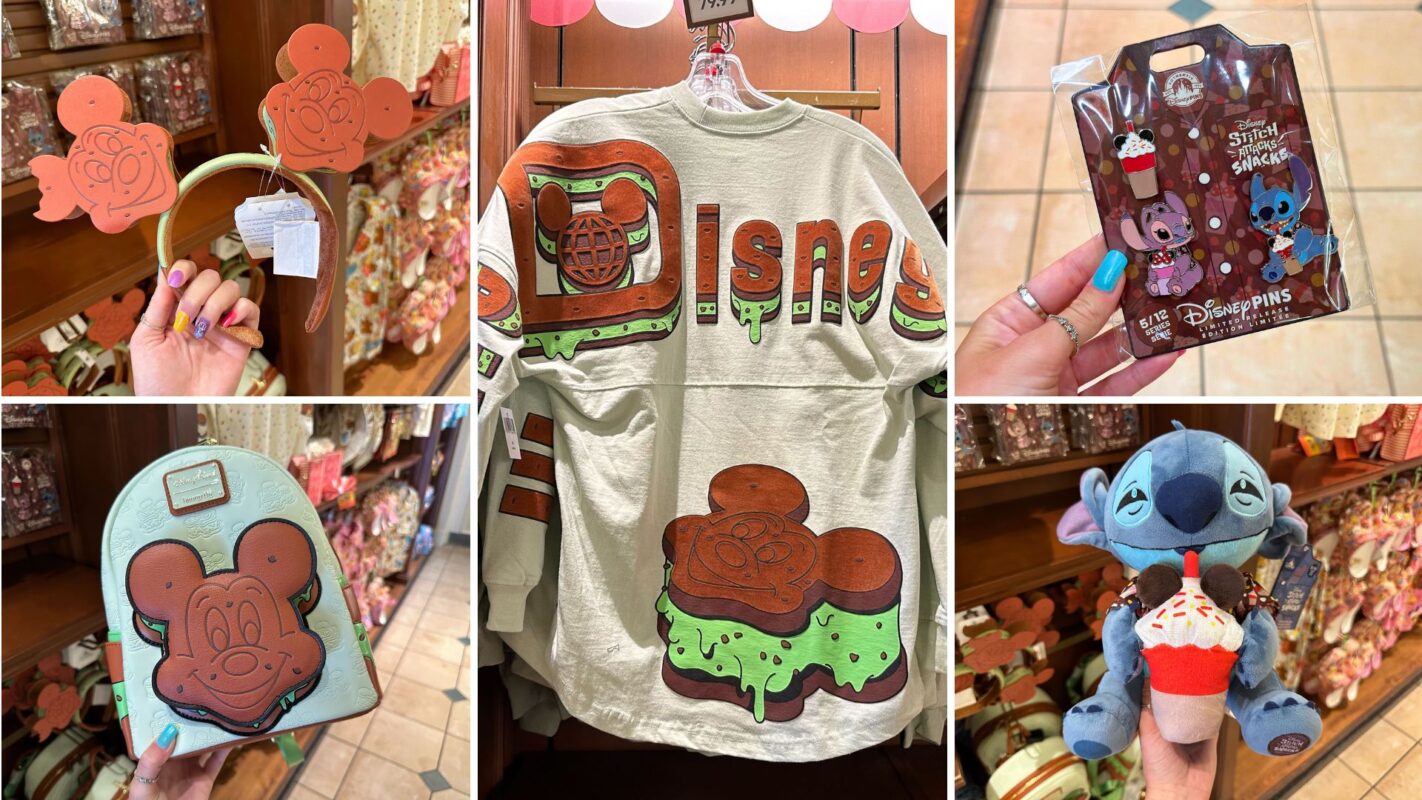 A collage of six Disney-themed merchandise items including a Mickey Mouse floral headband, a Halloween-themed T-shirt, collectible pins, a backpack, a dripping paint design T-shirt, and a Stitch plush toy.