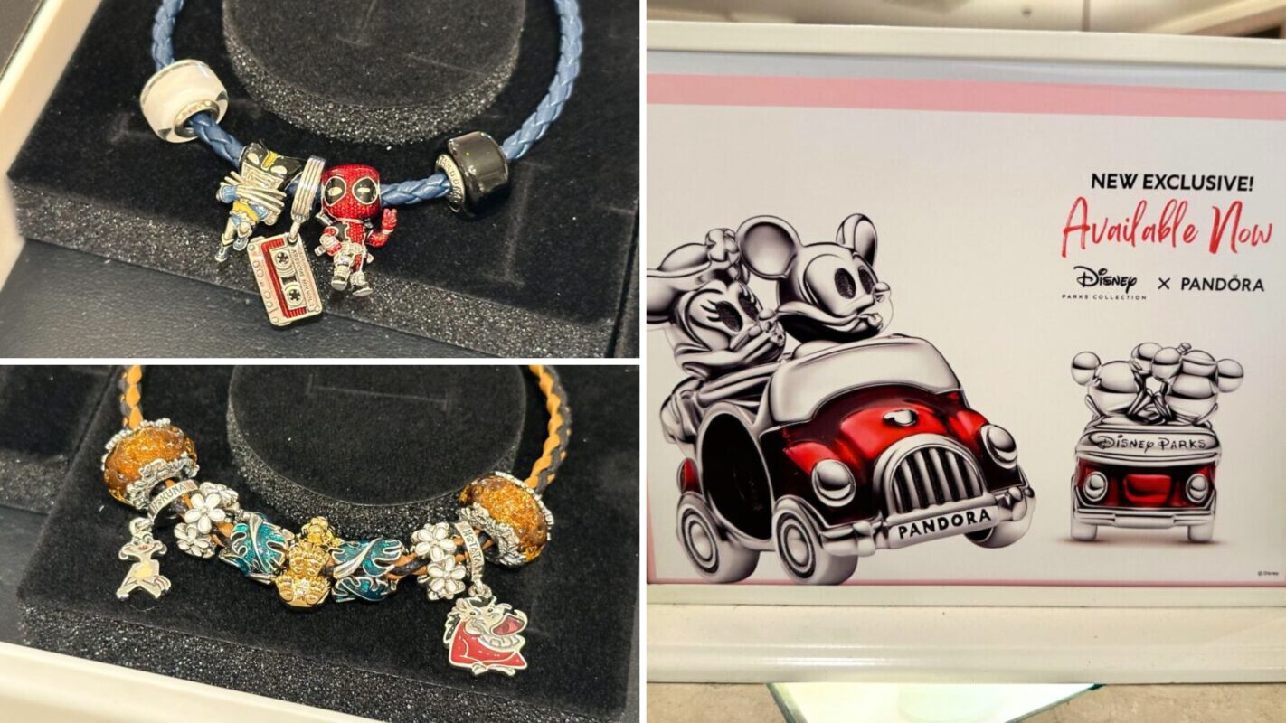Image showing Disney-themed Pandora charms. Two bracelets with assorted charms, one themed around a red robot resembling Deadpool and another adorned with yellow and blue accents reminiscent of The Lion King. A sign also advertises new Disney Pandora merchandise.