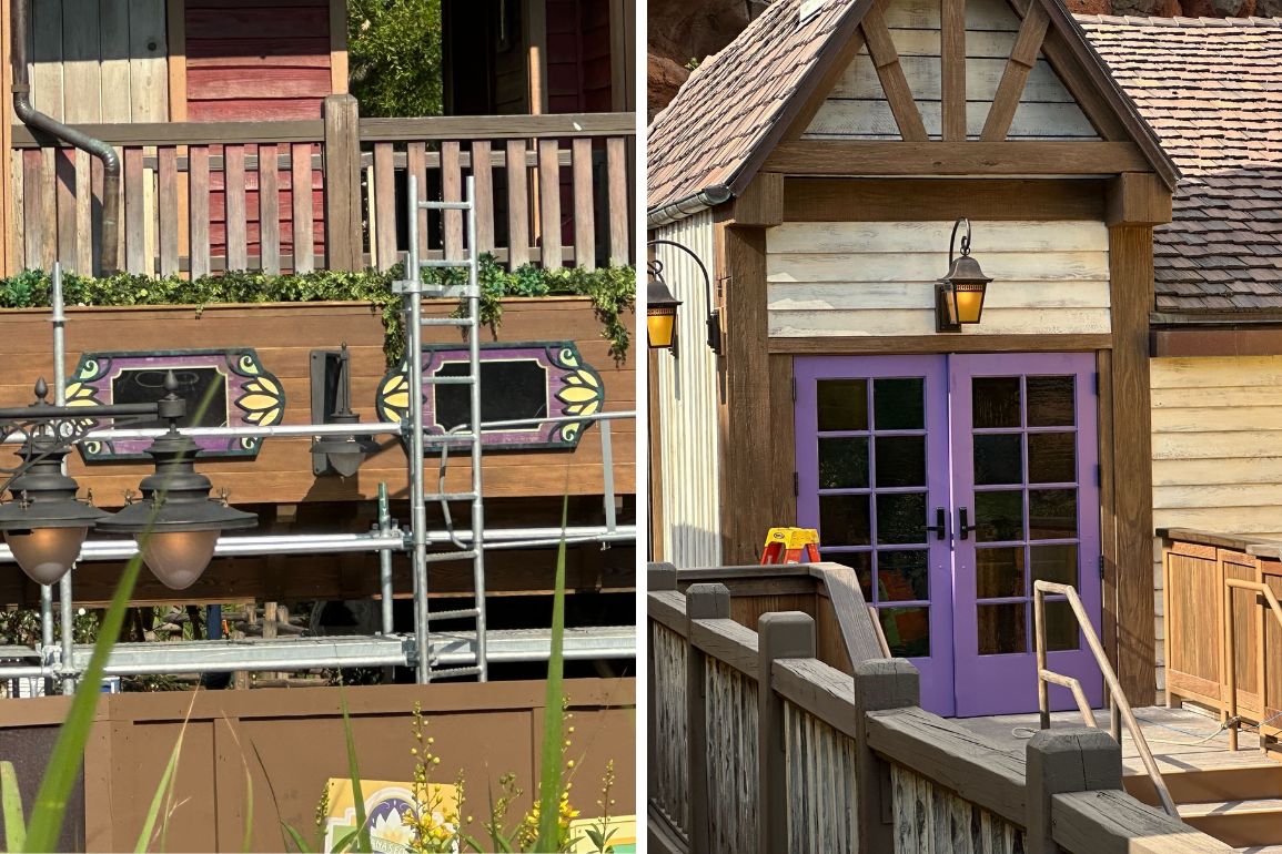 Two Tiana's Bayou Adventure images side by side: one showing a building under maintenance with scaffolding and ladders, the other showing a rustic structure with lavender double doors. Both buildings feature wooden railings.
