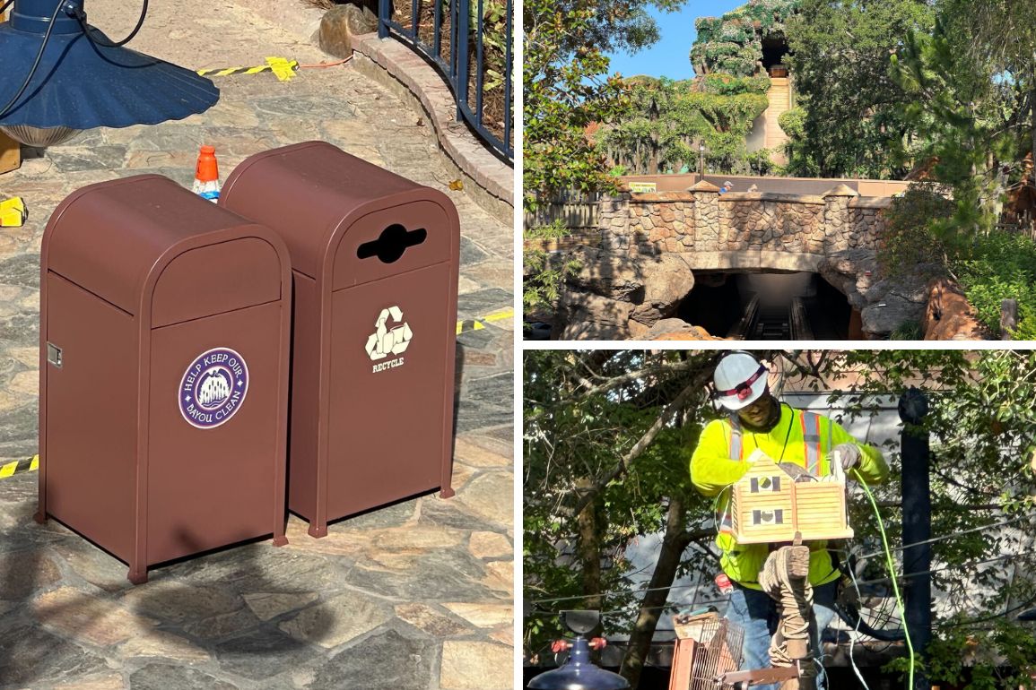 A collage with four images: two brown waste bins, a bridge over a tunnel, a worker adjusting an electrical box, and a scenic outdoor area with trees and structures.