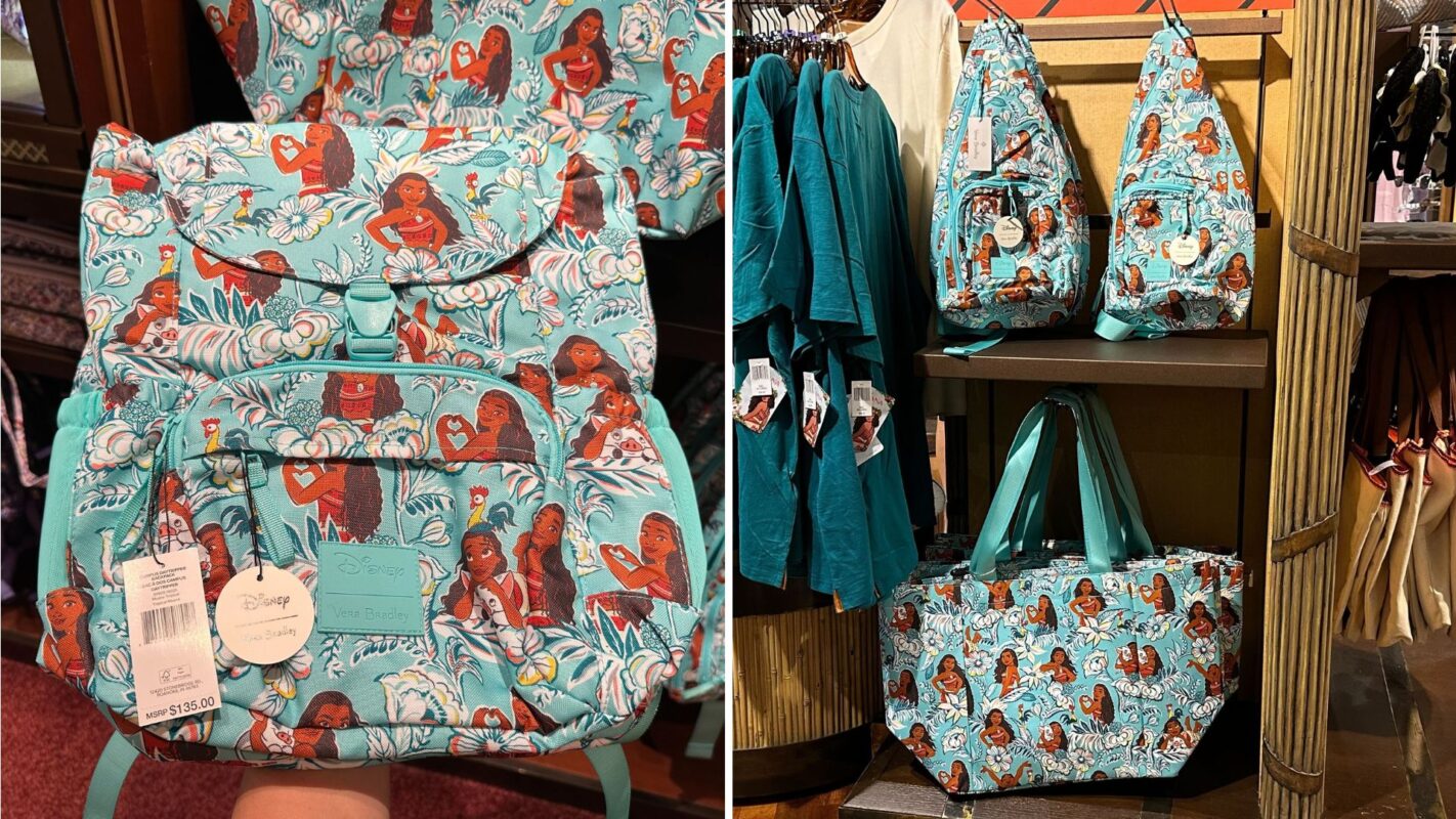 Image showing a close-up of a turquoise backpack with illustrations of a character on it. Adjacent, the backpack along with a tote bag and drawstring bag featuring the same design are displayed on a shelf.