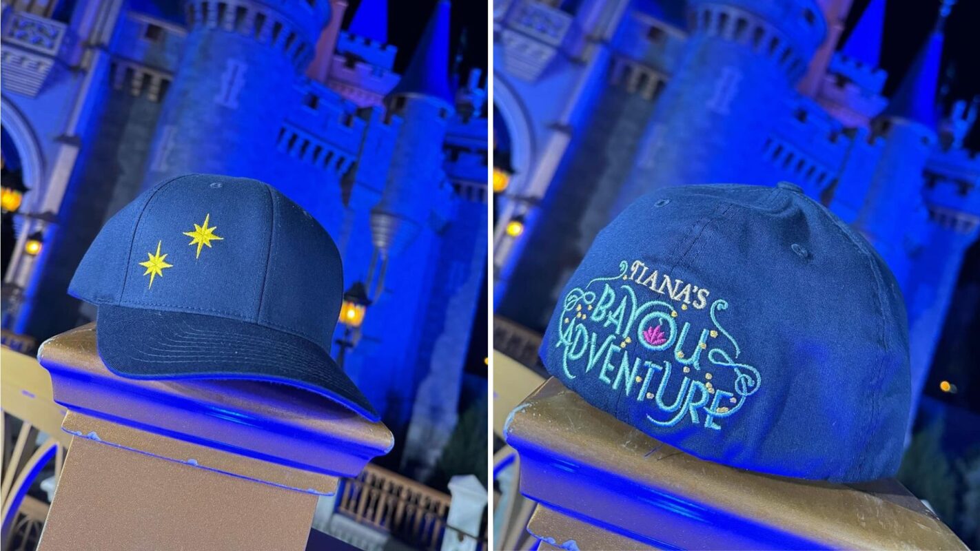 A two-panel image of a dark blue baseball cap displayed in front of a blue-lit castle backdrop. The cap features two yellow stars on the front in the left panel and "Tiana's Bayou Adventure" text on the back in the right panel.