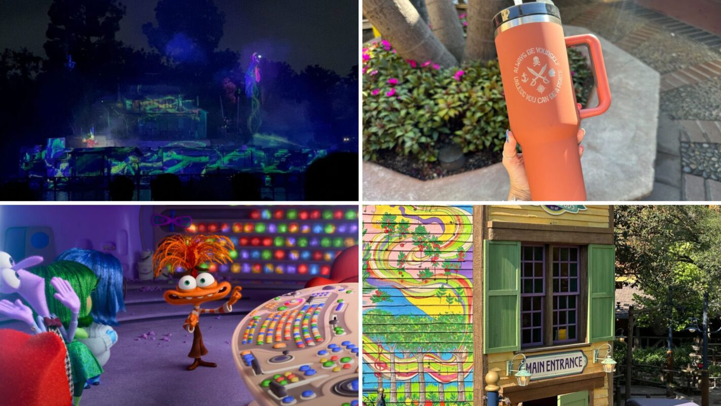 A collage with four images: a night water light show, a hand holding an orange tumbler, colorful animated characters, and a vibrant building facade with a "Main Entrance" sign.