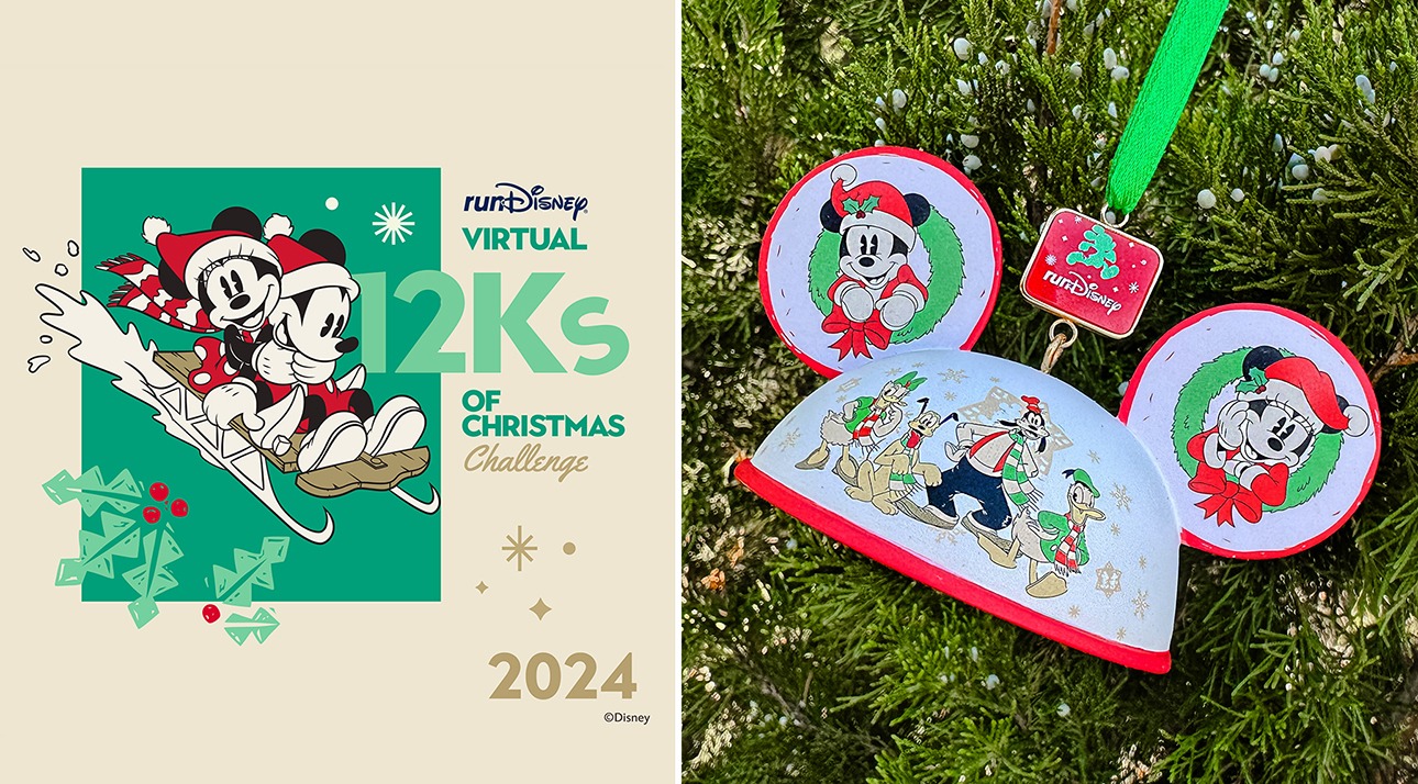 A promotional image for the virtual "12Ks of Christmas Challenge 2024" featuring a sledding animated duo on the left and a decorative themed hat on the right.