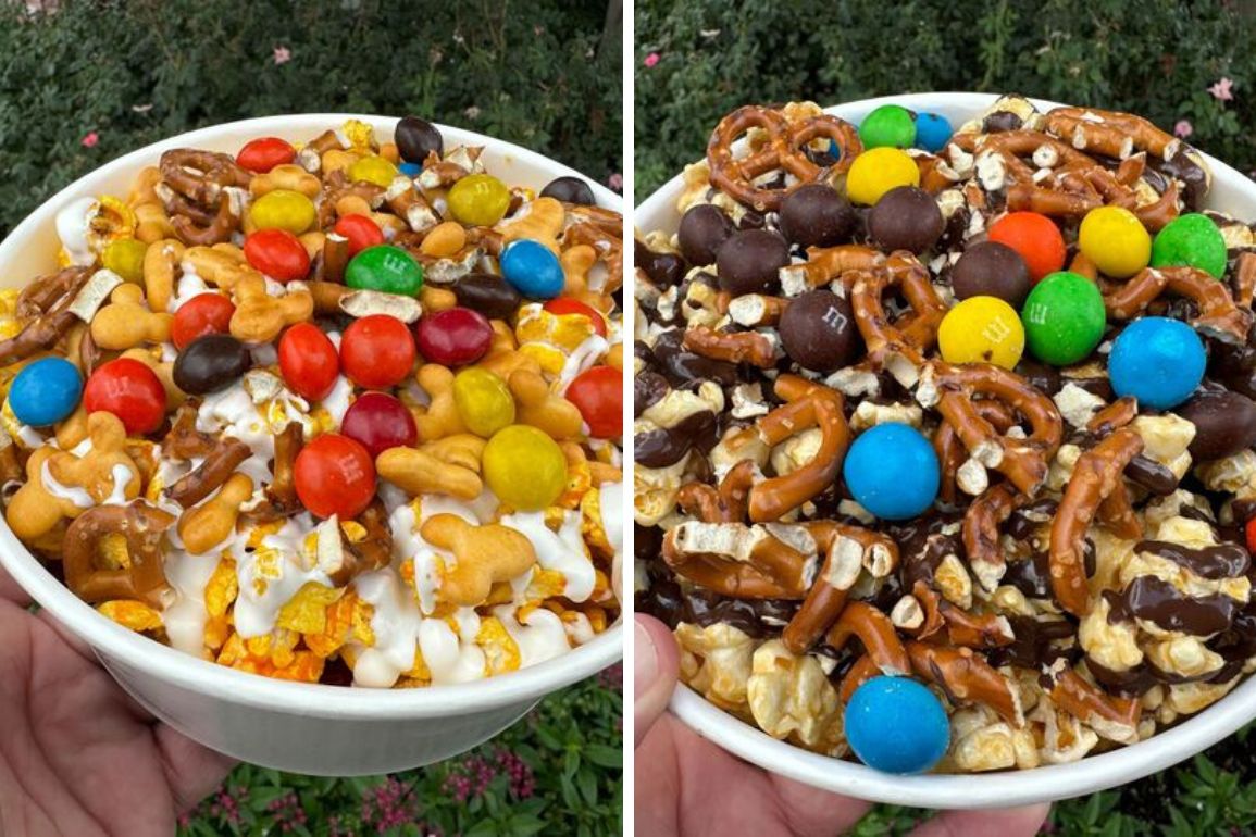 At Kernel Kitchen, explore two bowls of popcorn mix; the left bowl includes popcorn, pretzels, cheese crackers, and multicolored candies, while the right features popcorn with chocolate drizzle.